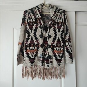 Aztec Print Cardigan Size Small Fringe Sweater Hippie Southwestern Boho Festival